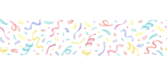 Fototapeta na wymiar Watercolor colorful confetti border with a repeating pattern. Great for birthday party, card making, greeting cards, banners, wallpapers, D.I.Y. and other projects.