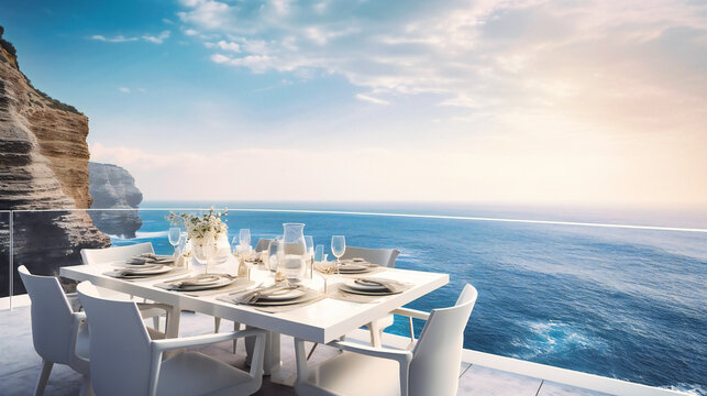 A refined image of a luxurious seaside dining area, offering an exclusive and breathtaking dining experience in a celestial oasis