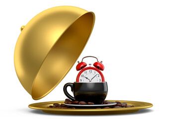 Metal tray with cloche ready to serve with ceramic coffee cup and alarm clock