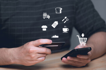 Shopping online concept,Pay credit card bills,Man use smartphone for buy everything from internet,virtual screen market place,Add to cart