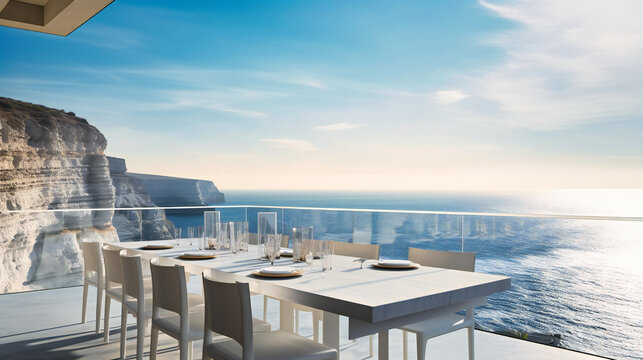 A refined image of a luxurious seaside dining area, offering an exclusive and breathtaking dining experience in a celestial oasis - Powered by Adobe