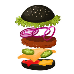 Hamburger illustration in cartoon style. Perfect for fast food delivery menus and cafe posters. Transparent PNG.