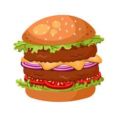 Hamburger illustration in cartoon style. Perfect for fast food delivery menus and cafe posters. Transparent PNG.