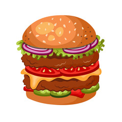 Hamburger illustration in cartoon style. Perfect for fast food delivery menus and cafe posters. Transparent PNG.