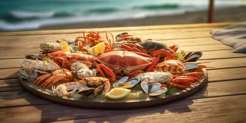 tray with assorted seafood on the beach, generative ai - obrazy, fototapety, plakaty
