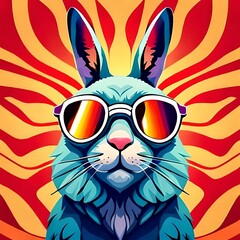 illustration of a cartoon rabbit in a sunny synth wave. Generative Ai