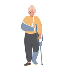 Senior Woman with crutches and broken foot, hand