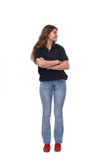 front view of a girl looking to the side  with arms crossed on white background