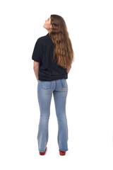 back view of young girl  looking up on white background