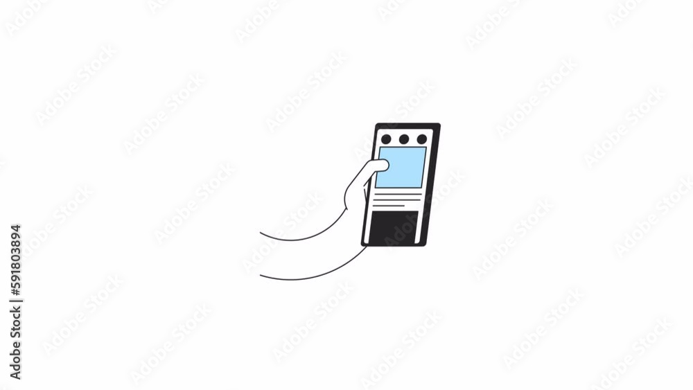 Poster tapping phone screen animation. scrolling social media feeds isolated 2d cartoon flat colour line fi