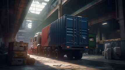 Naklejka premium Unloading big container trucks at warehouse building. Generative AI