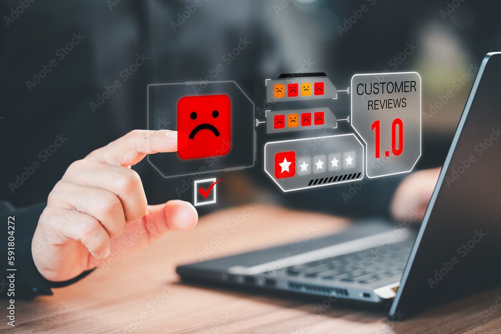 Poster man give negative reviews for customer satisfaction surveys. assessment one star rating for testimon