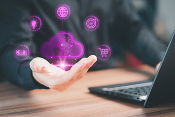 Business concept of cloud computing, Big Data Storage, goal, Internet network security, Finance, Online Shopping, Digital link tech. Businessman use laptop with cloud computing diagram show on hand.