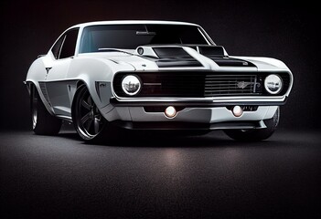 White tuned muscle car on black background. Generative AI