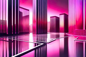 3D-Rendering, abstrakter geometrischer Hintergrund, durchscheinendes Glas mit rosa-rot-violettem Farbverlauf, einfache quadratische Formen
