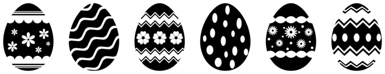 Osterei Vektor Set. Schwarze Eier mit verschiedenen Ornamenten. Isolierter Hintergrund.