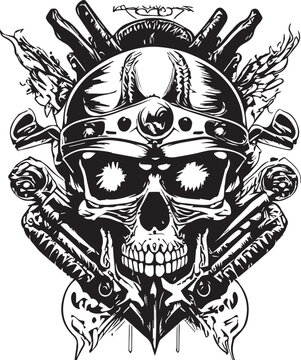 Artwork illustration and t-shirt design skull motorcycle engraving ornament on white background