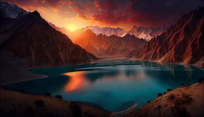 Pakistan Lake in the sunset mountains