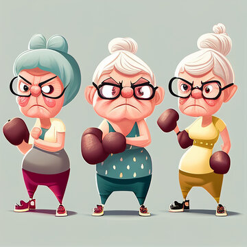 Boxing angry grannies cartoon. Generative Ai,