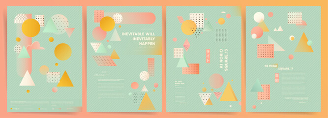 Set of modern abstract cover background templates for poster, presentation, book, report in geometric postmodern bauhaus style. Gradient colors, square, triangle and circle shapes and forms.