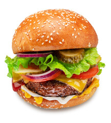Appetizing cheeseburger close up on white background.  Clipping path.