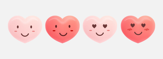 Set of cute heart cartoon design. Pink and red heart icon symbol. Cute funny heart expression face clipart sticker design vector illustration