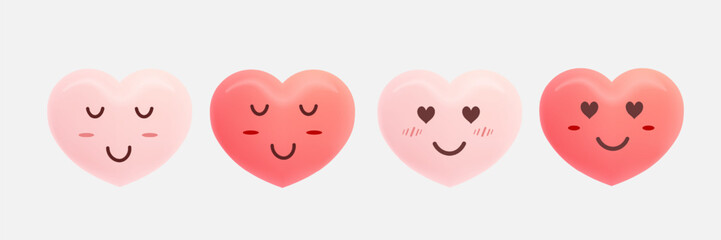 Set of cute heart cartoon design. Pink and red heart icon symbol. Cute funny heart expression face clipart sticker design vector illustration