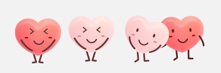 Set of cute heart cartoon design. Pink and red heart icon symbol. Cute funny heart expression face clipart sticker design vector illustration
