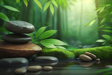 Bamboo and stones in a wellness spa. Zen Stones and Bamboo on the water. relax, enjoy at spa concept. Generative AI