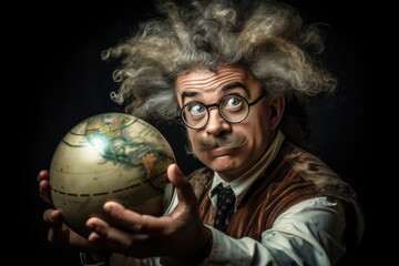 Portrait of a middle aged scientist with wild hair and glasses holding a globe AI generative art