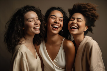 Portrait of three beautiful women smiling and laughing AI generative art - obrazy, fototapety, plakaty
