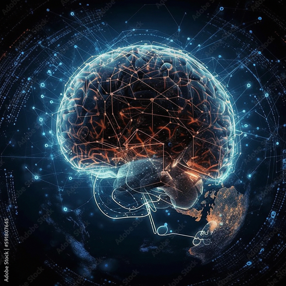 Aufkleber brain, digital transformation and ai with future and 3d, human mind and tech with digital world. cyb