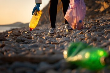Waste recycling and social problems. A volunteer walks along a pebble beach and collects plastic bottles in a garbage bag. Low angle view. The concept of cleaning coastal areas from pollution