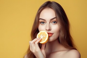 Close up of a beautiful woman holding a lemon in her hand. Ai generative.