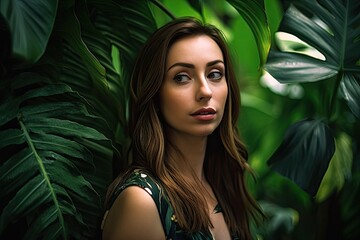 Portrait of young and beautiful woman in tropical leaves. Ai generative.