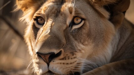 Close-up portrait of a lion's face resting on the African savannah. Generative AI