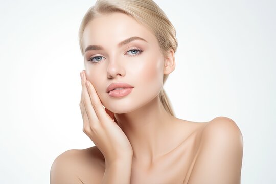 Young beautiful blond woman with perfect skin on white background. Cosmetology, beauty and spa concept. Ai generative.