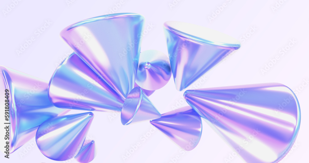 Poster holographic cones on abstract background 3d render. iridescent neon foil hologram shapes with glossy