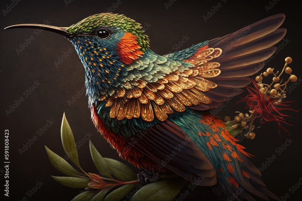Poster brightly colored bird perched on a tree branch in a natural setting. generative ai