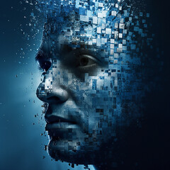 3D face, abstract and futuristic with artificial intelligence, digital pixels and ai generated man on blue backdrop. Graphic, future and human head design for facial recognition or creative design