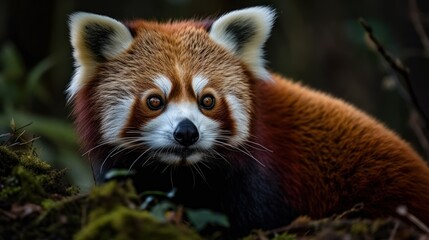 Adorable red panda eating bamboo in its natural habitat. Generative AI