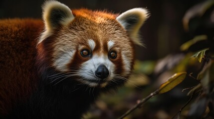 Adorable red panda eating bamboo in its natural habitat. Generative AI