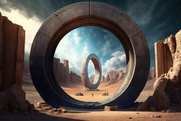 Portal to the unknown world. Ancient Stargate in the Desert, Generative AI