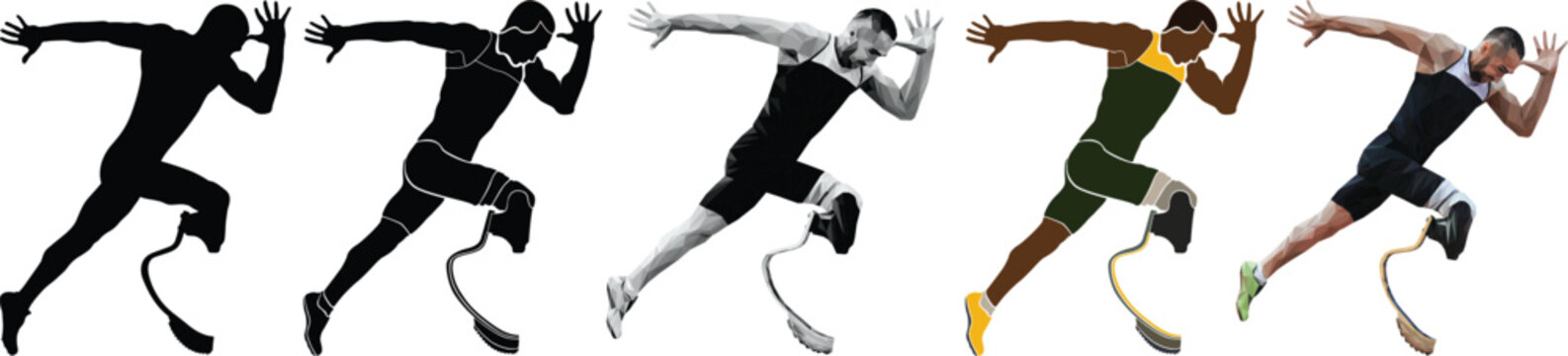 set paralympic athlete amputee disabled on prosthesis running athletics race