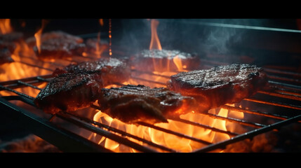 Beef steaks sizzling on the grill with flames. Generative AI