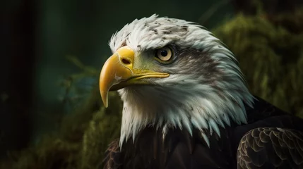 Foto op Plexiglas Close-up portrait of a bald eagle's fierce stare in mountainous forest. Generative AI © bomoge.pl