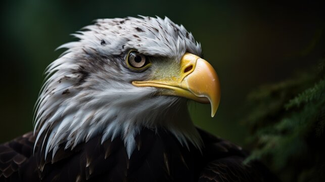 Close-up portrait of a bald eagle's fierce stare in mountainous forest. Generative AI