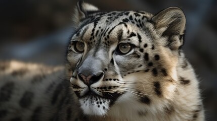 Fototapeta premium Magnificent snow leopard walking through Himalayan mountain range. Generative AI