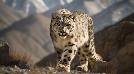 Fototapeta premium Magnificent snow leopard walking through Himalayan mountain range. Generative AI