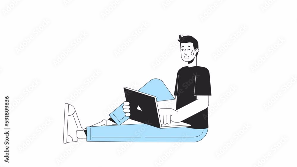 Poster scared guy with laptop animation. panicking man sitting with notebook isolated 2d cartoon flat colou
